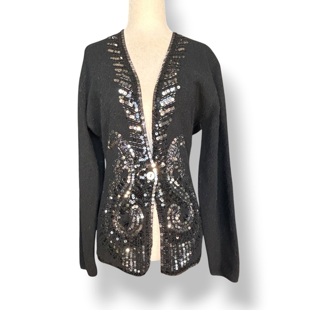 Marisa Christina Vintage Sequin Angora Lambswool Cardigan Black Silver Glam